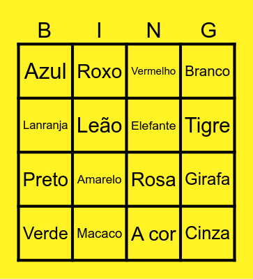 Portuguese Color and Animal Bingo Card