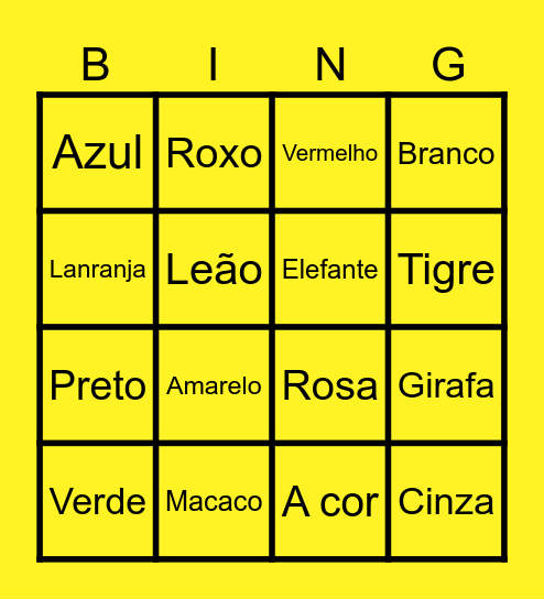 Portuguese Color and Animal Bingo Card
