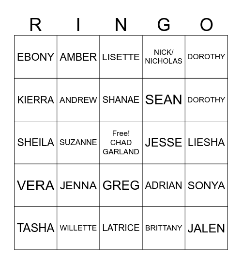 STAFF NAME:                        HOUSE: Bingo Card