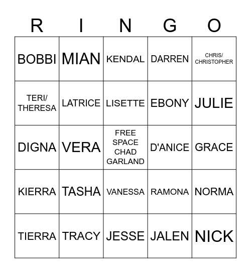 RESIDENTIAL STAFF NAME AND HOUSE Bingo Card
