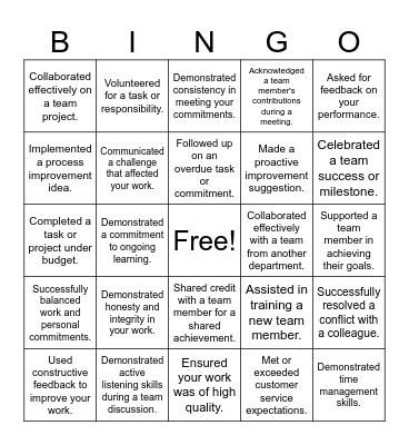 Accountability Behavior Bingo Card