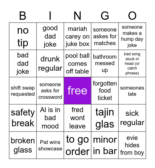 Bartender Bingo Card