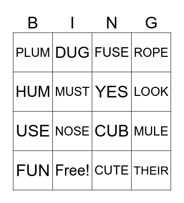 SHORT U AND LONG U:U_E Bingo Card