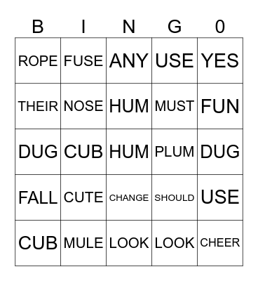 SHORT U AND LONG U:U_E Bingo Card
