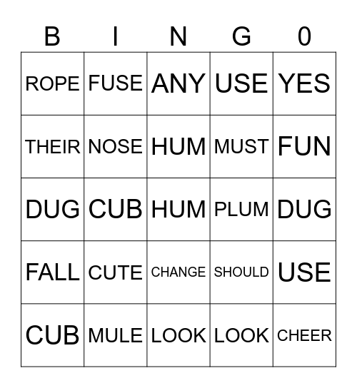 SHORT U AND LONG U:U_E Bingo Card