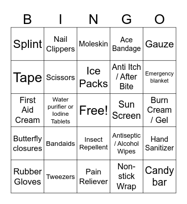 First Aid Bingo Card