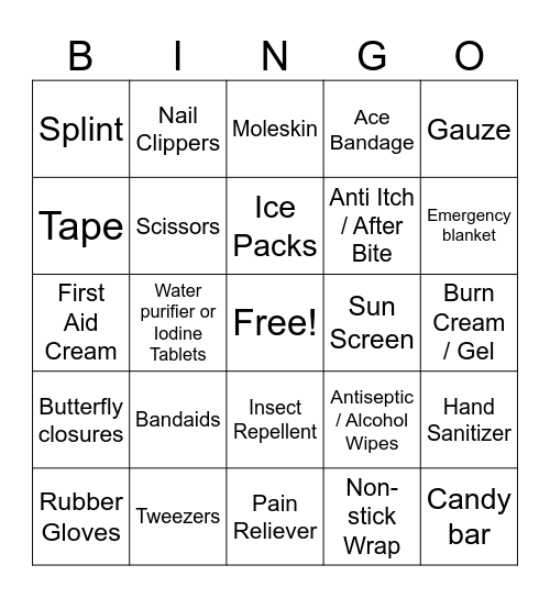 First Aid Bingo Card