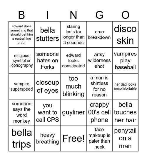 Twilight Drinking Game Bingo Card
