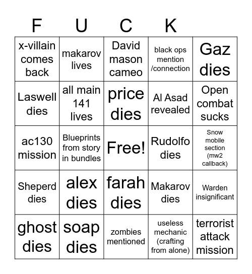 MWIII campaign Bingo Card