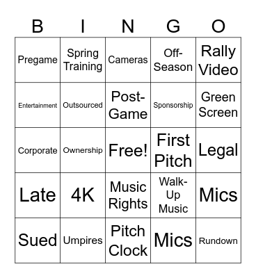 MLB Game Presentation Bingo Card
