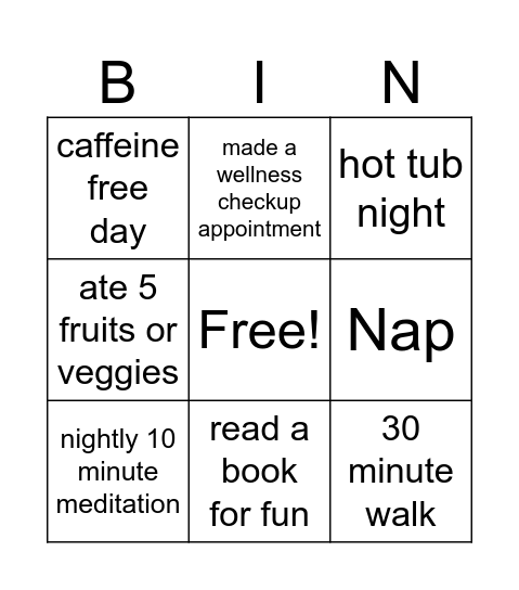 Wellness and Resilience Bingo Card