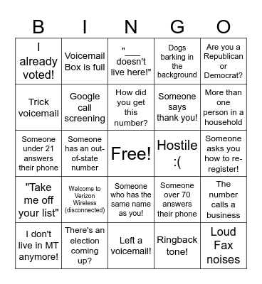 Phone Bank Bingo Card