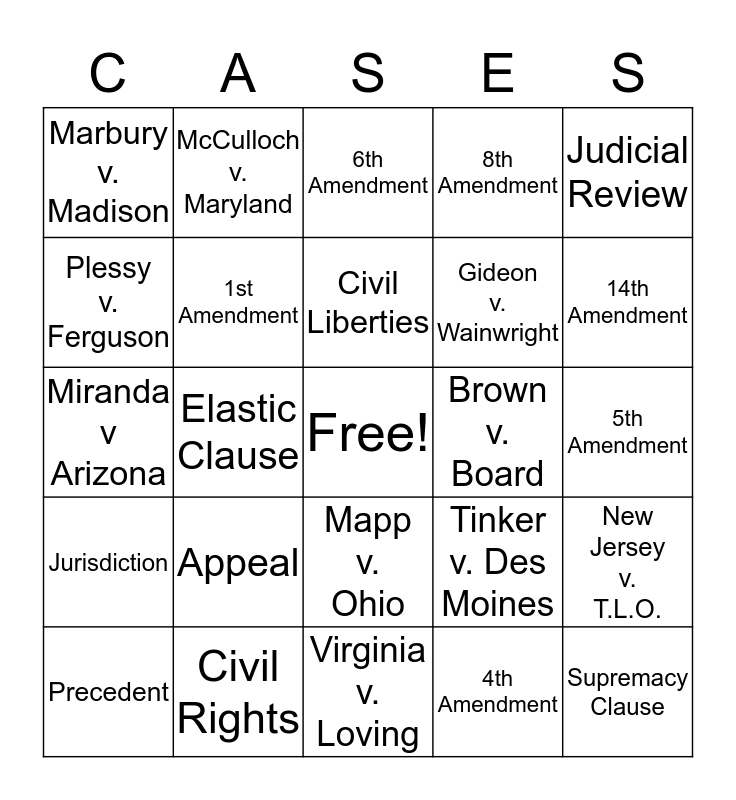 Landmark Supreme Court Cases Bingo Card