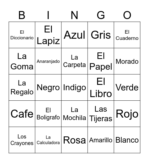 School Supplies and Colors Bingo Card