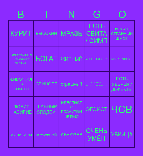 БИНГО МОИХ ПЕРСОНАЖЕЙ Bingo Card