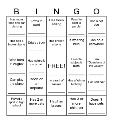 Getting to know you Bingo Card