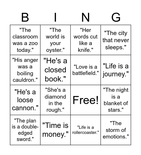 Metaphor Bingo Card