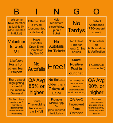November Team Challenge Bingo Card