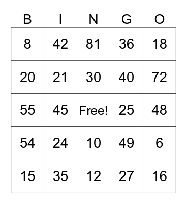 Multiplication Bingo Card