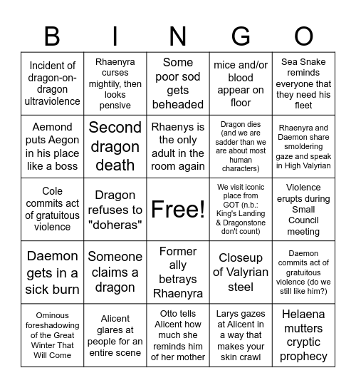 House of the Dragon Season 2 Bingo Card