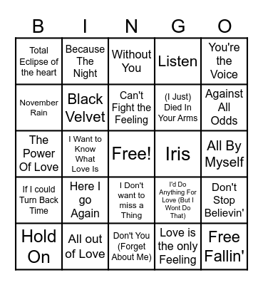 Power Ballads Bingo Card