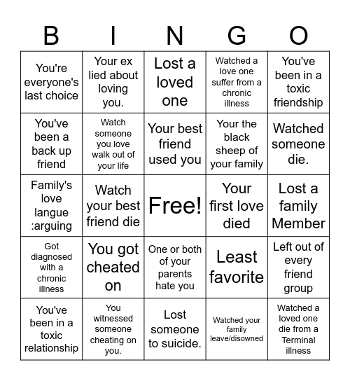 You don't know hurt unless Bingo Card