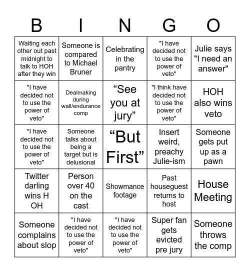 Big Brother 25 Bingo Card