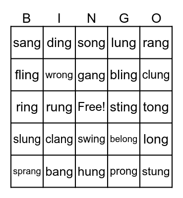 ang, ing,ong,ung welded sounds Bingo Card