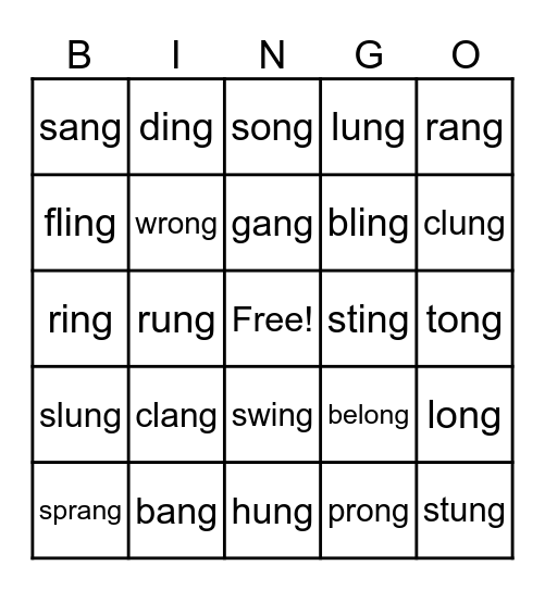 ang, ing,ong,ung welded sounds Bingo Card