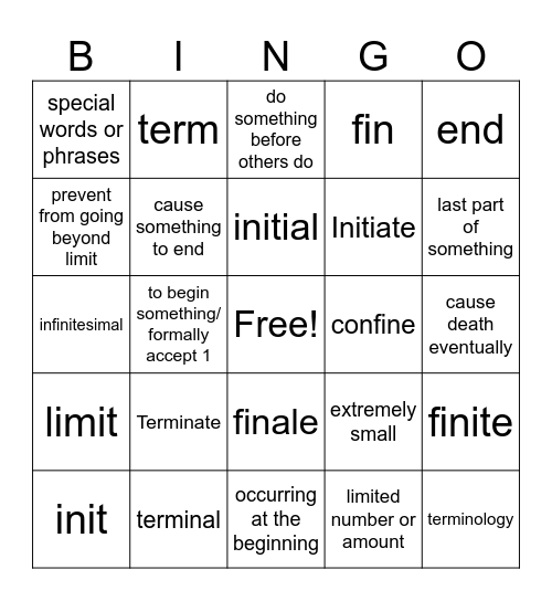 Root Words Unit 6 Beginning to End Bingo Card