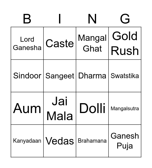 Hinduism Marriage Bingo Card