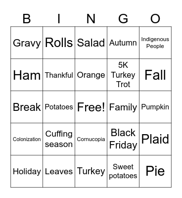 Thanks Giving Bingo Card