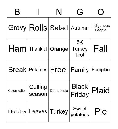 Thanks Giving Bingo Card