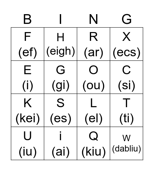 The alphabet Bingo Card