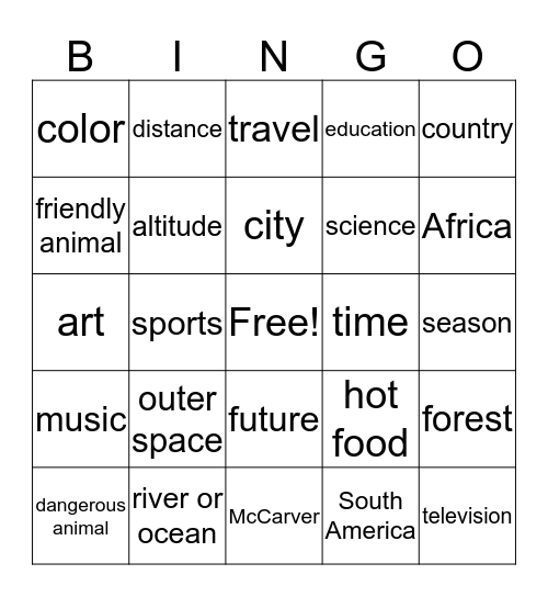 McCarver Scholar's Bingo Card