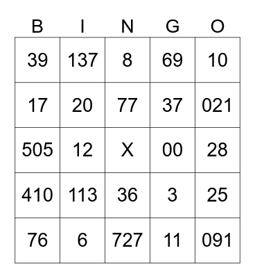Numbers of the Day Bingo Card