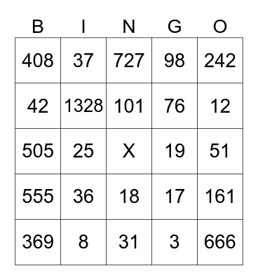 Numbers of the Day Bingo Card