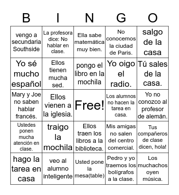Some -er and -ir Irregular Yo forms Bingo Card
