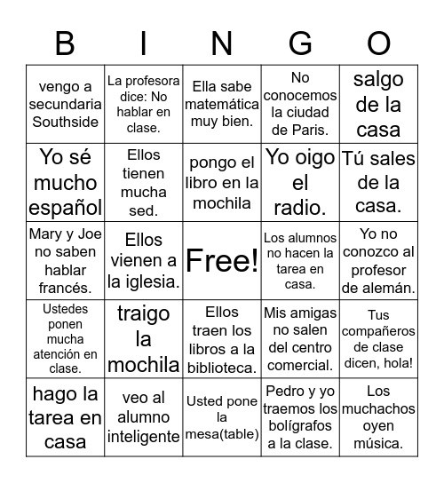 Some -er and -ir Irregular Yo forms Bingo Card