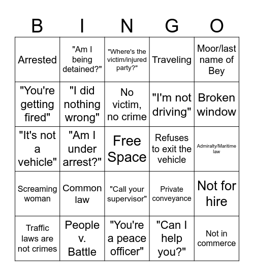 Sovereign Citizen Traffic Stop Bingo Card