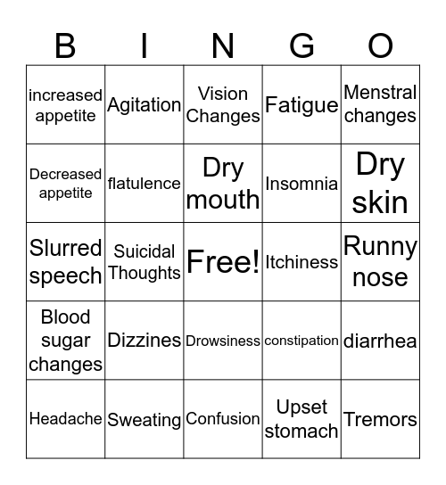 SIDE EFFECTS  Bingo Card