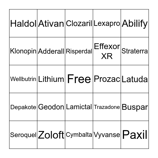 Psychiatric Medication Bingo Card