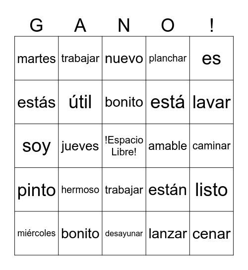 Spanish 1 Unit 3 Bingo Card