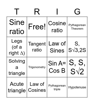 Trigonometry Vocabulary Bingo Card