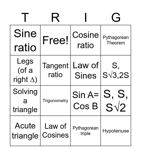 Trigonometry Vocabulary Bingo Card