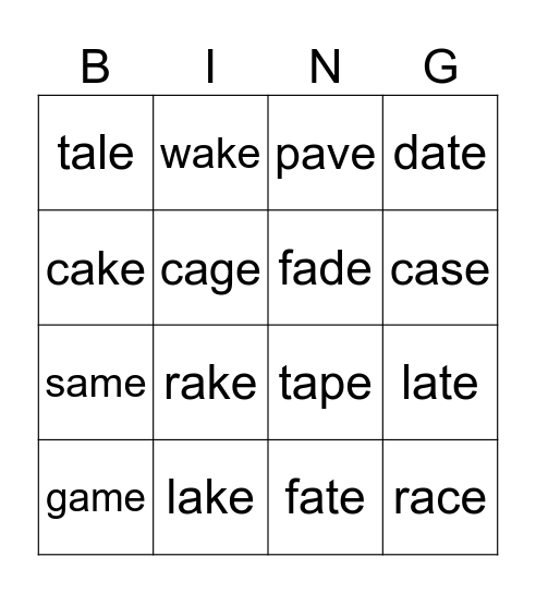 Long A CVCe Words Bingo Card