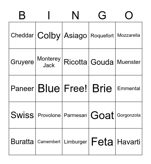 Cheese Bingo! Bingo Card