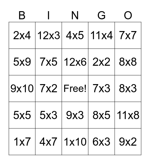 Multiplication Bingo Card