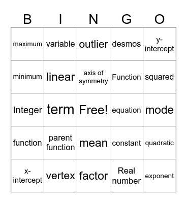 Quadratic Equations Bingo Card
