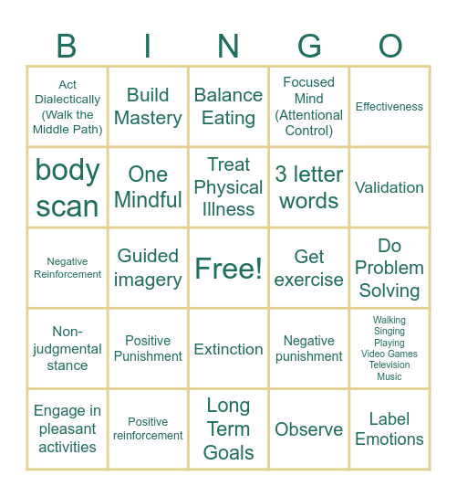 DBT - Mindfulness/Emotion Reg Bingo Card